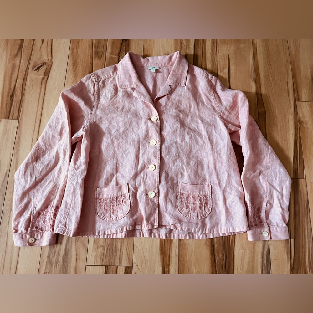 J Jill Embroidered Linen Blazer Jacket Pink Large Tall LT Boho Chunky Button
